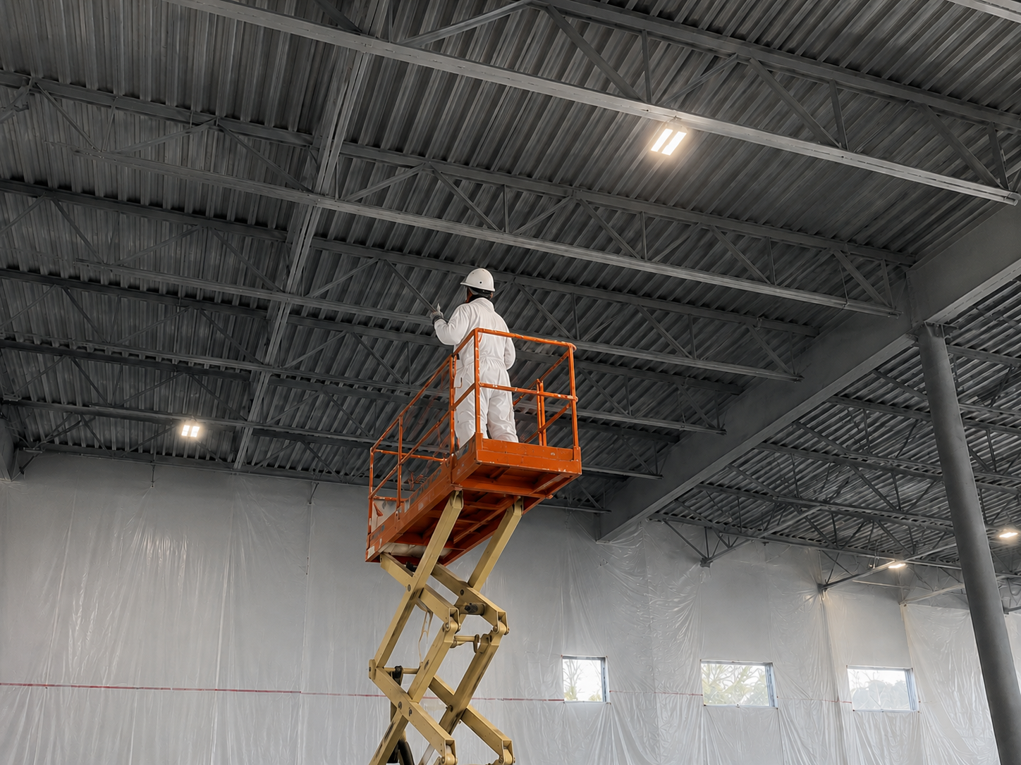 Commercial intumescent fireproofing on exposed structural steel